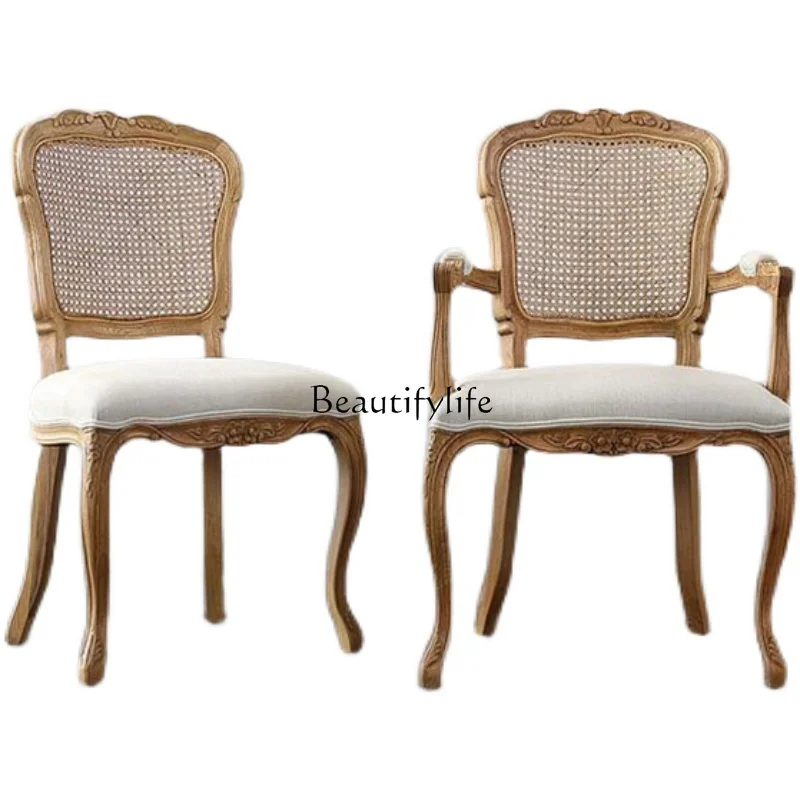 

Nordic carved ash wood adult American country old dining chair with armchair