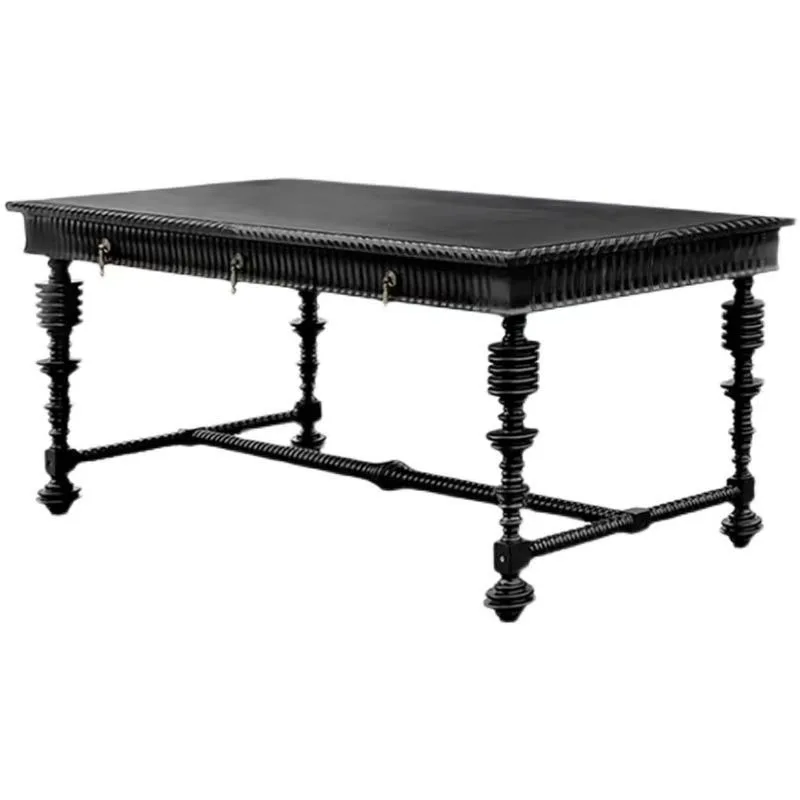French American light luxury retro medieval study desk, homestay black long table, writing desk, computer desk