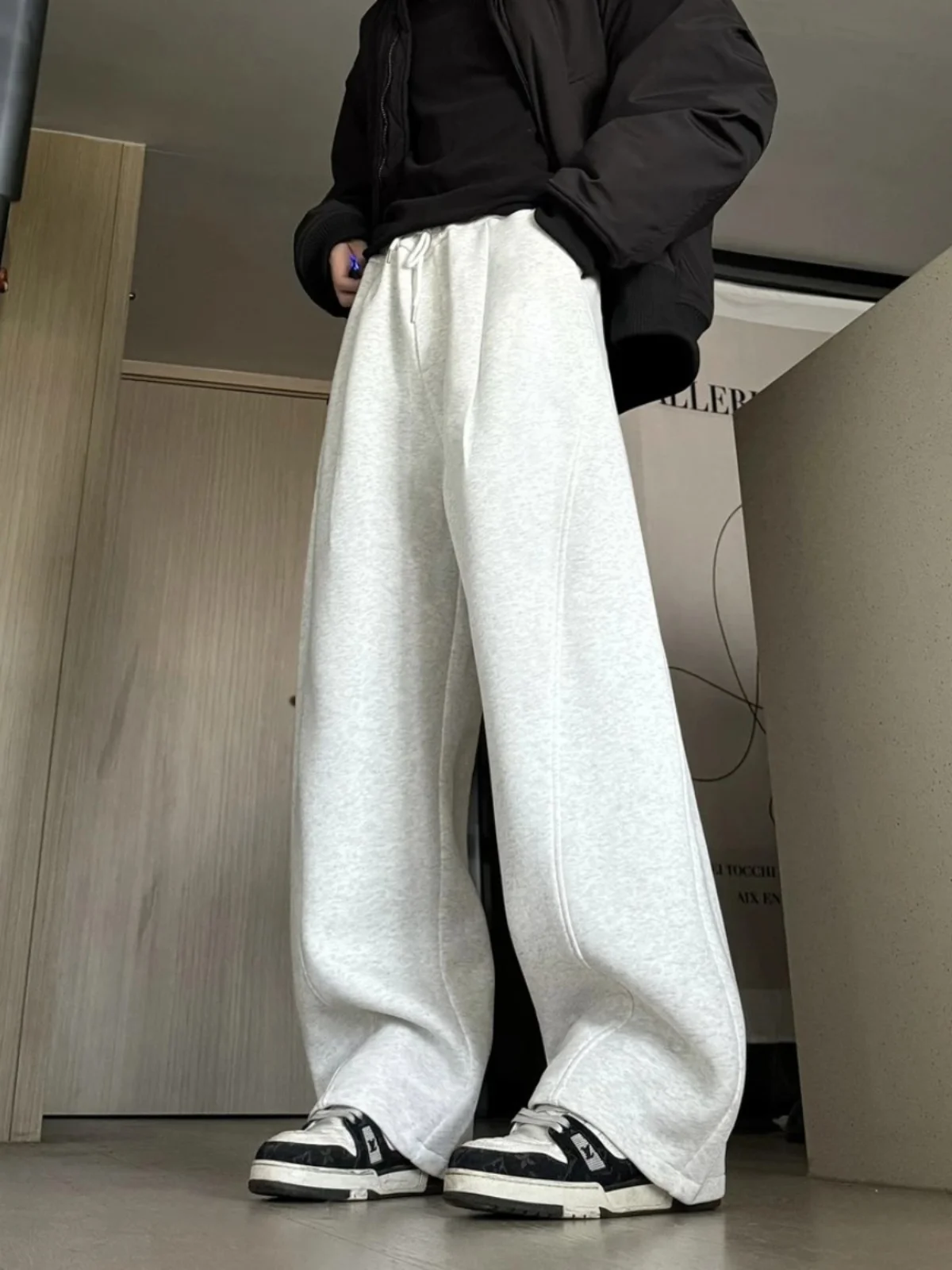 Heavyweight Casual Pants for Men in Grey And White with Scythe Design Vintage American Style Loose Fit Youth Fashion