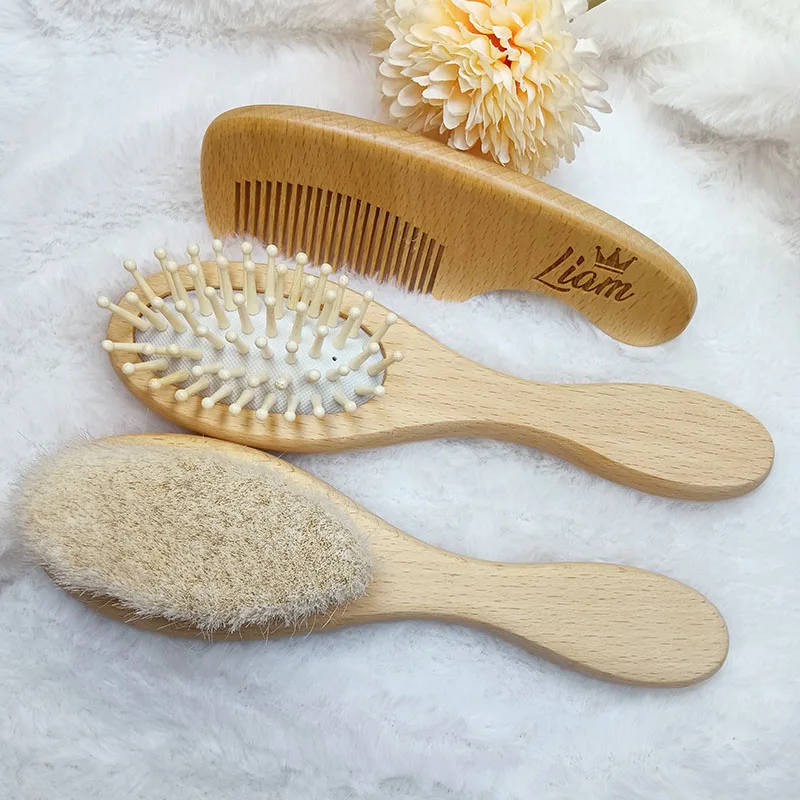 Personalized Baby Hairbrushes Soft Hair Brush Head Custom Name Wooden Newborn Hair Brush Infant Birth / Baptism Shower Gifts