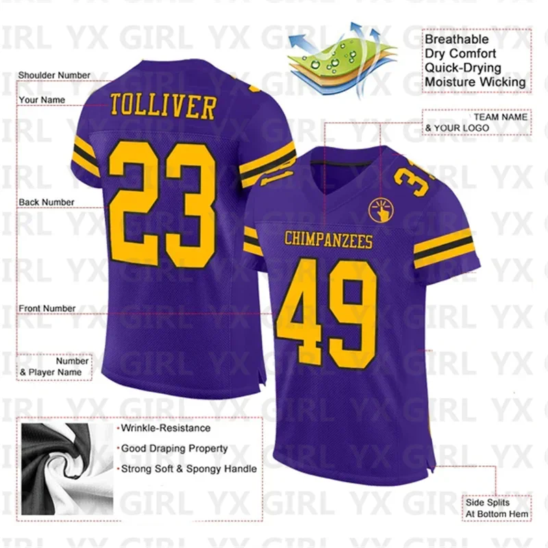 Custom Purple Gold-Black Mesh Football Jersey Personlized Team name and you name number V-Neck Football T-Shirts