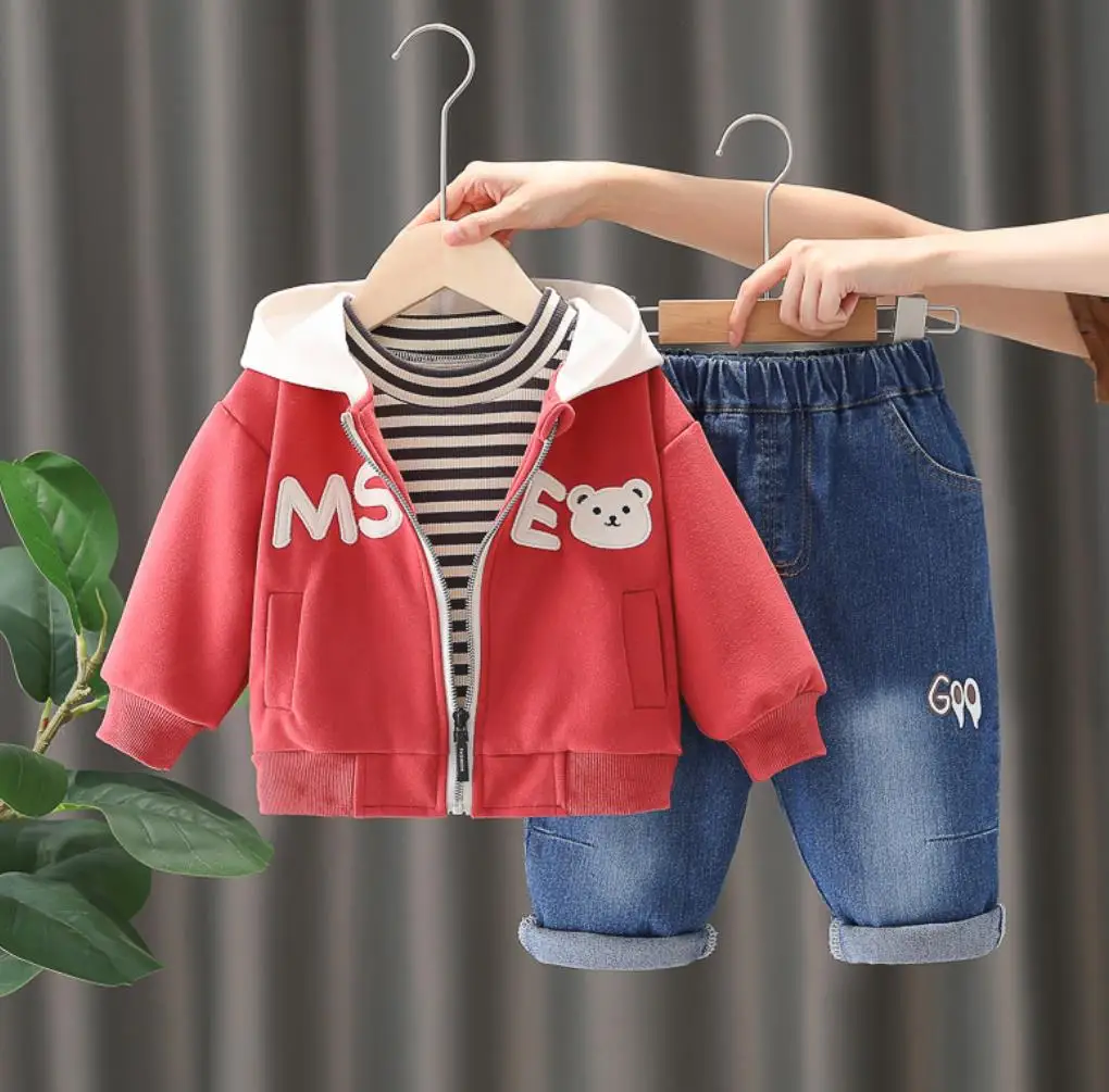 Kleinkind Outfits für Baby Kinder Kleidung Herbst Mode Cartoon Bär Kapuzen jacken gestreifte T-Shirts Hosen 3 Stück Sets Kinder Anzug