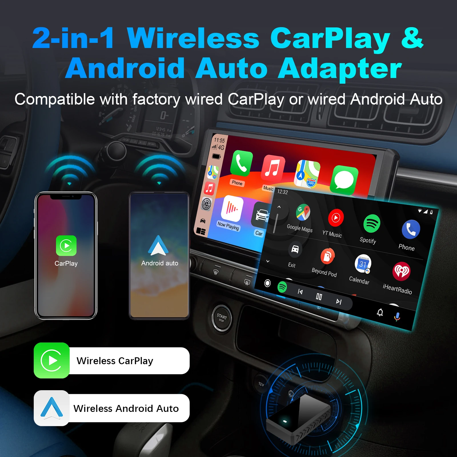 2In1 Wireless Carplay Adapter Android Auto 5G WIFI for 99% OEM Car with USB Port Plug & Play Work on Bluetooth WIFI Easy To Use