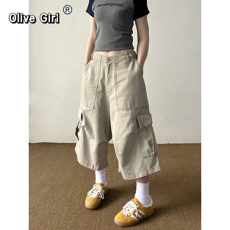 Olivegirl Vintage Short Jeans Y2k Cargo Pants Women Harajuku Jorts Baggy Summer Trousers Streetwear Korean Fashion Capris