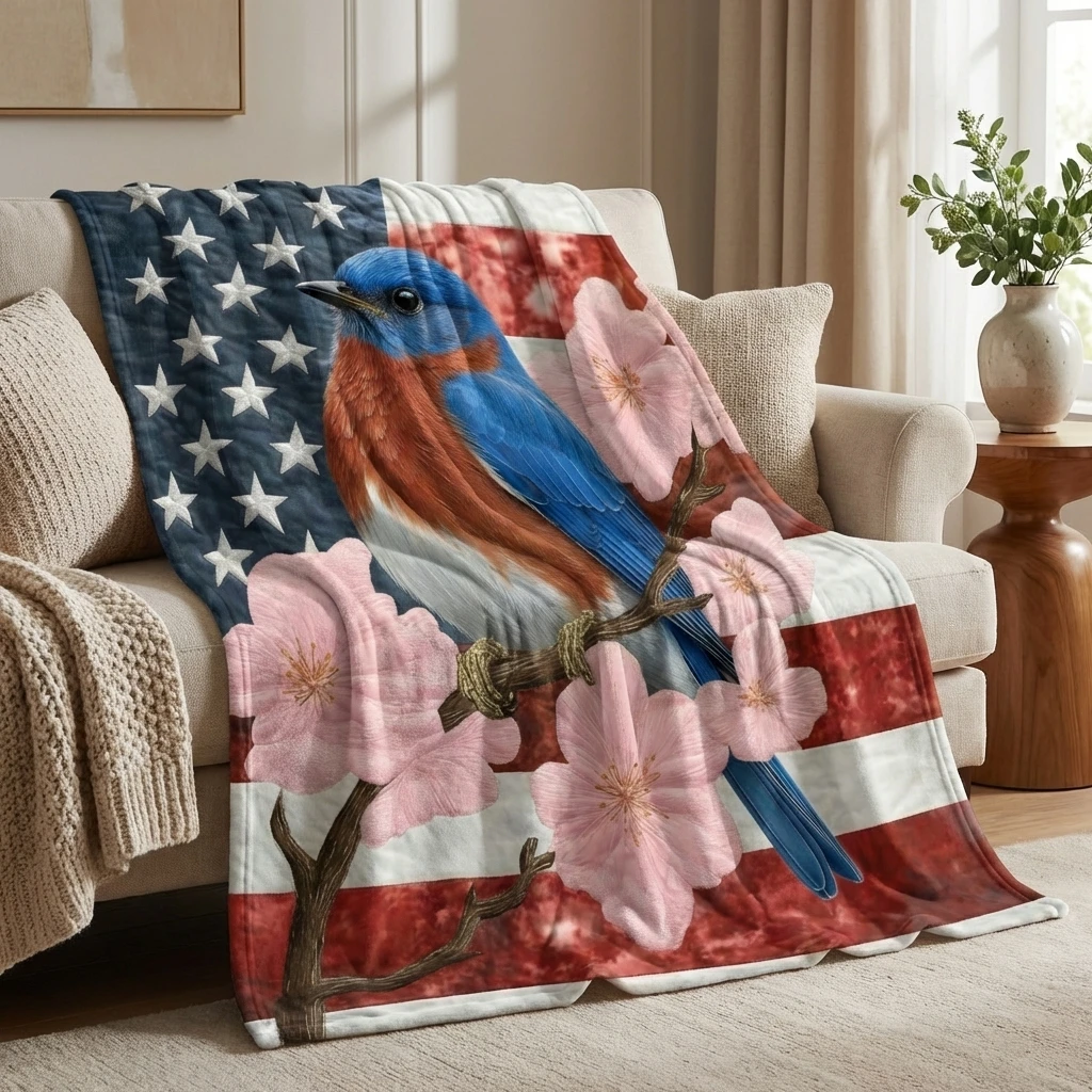 1PC American Flag Background Bluebird & Pink Blossoms Thick Flannel Throw Blanket, Soft Warm Portable, Great Gift for Boys Girls