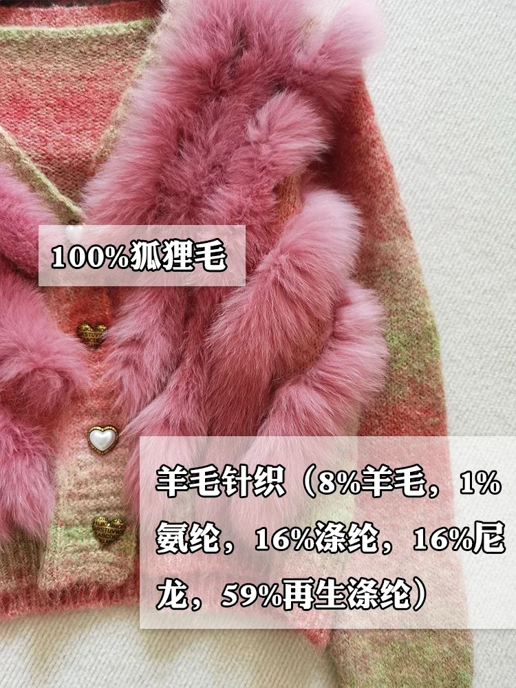 Ladies Real Fox Hair Splicing Fluffy Wool Sweater Fashion Versatile 2024 Spring Autumn New Female Long-sleeve Cardigan Fur Tops