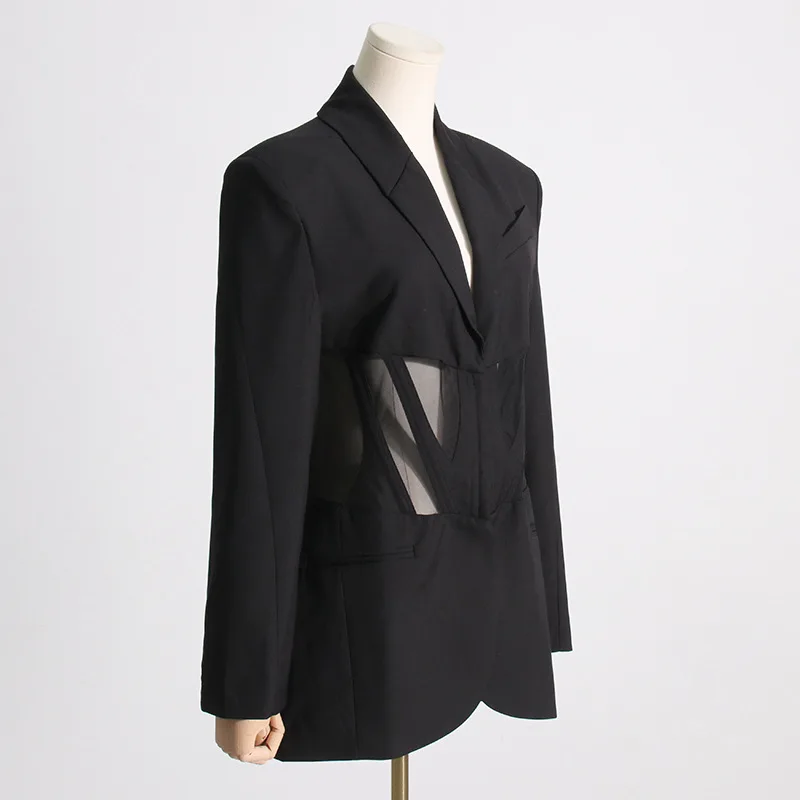 Autumn New Style French Fishbone Waistband Mesh Splicing Slim Design Perspective Formal Suit Jacket for Women