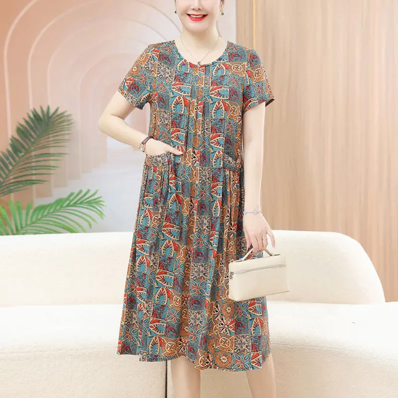 

Vintage Printed Dresses Female Clothing Casual Round Neck Summer Short Sleeve Commute Loose A-Line Fashion Pockets Midi Dress