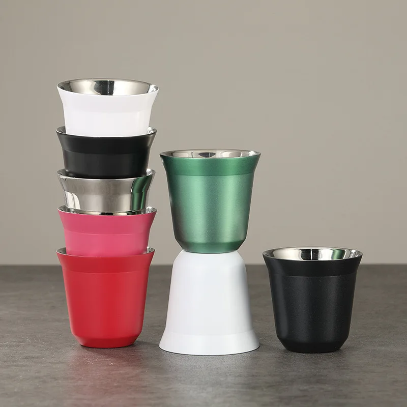 80ml New Simple Flat Bottom Cup Stainless Steel Double-layer Inner Tank Capsule Coffee Cup High-grade Solid Color Water Cup