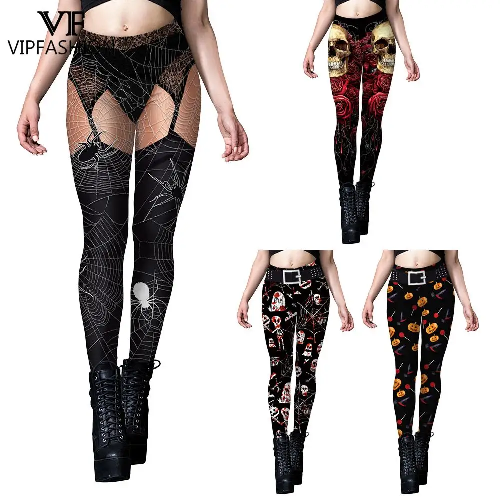 

VIP FASHION Women 3D Printed Skull Halloween Spider Web Sexy Skinny Fitness Tight Leggings Female Pants Workout Trouser