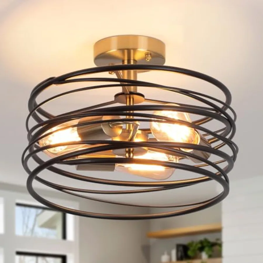 

Rustic Drum Semi Flush Ceiling Light with 3-Light Brass Base Modern Farmhouse Chandeliers Metal Cage for Dining Room Industrial