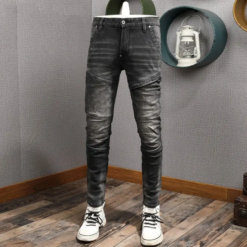 Men Dark Grey Washed Biker Jeans Spliced Panel Knee Design Stretch Slim Fit Hip Hop High Street Denim Jeanshombre
