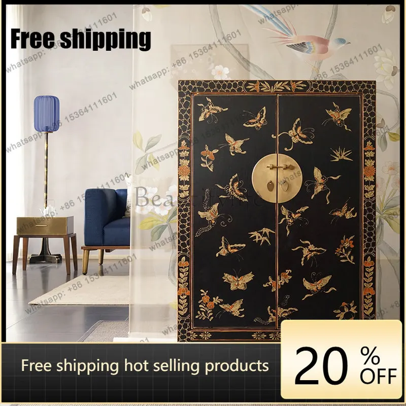 Factory Direct Chinese Style Door Solid Wood Hand-painted Installation-free Entrance Shoe Cabinet Integrated Against The Wall Ho