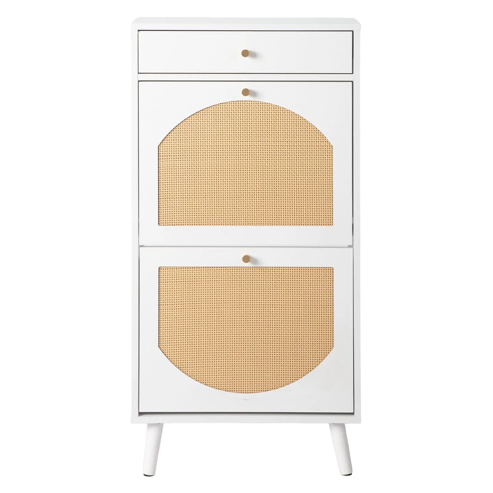 Rattan-front shoe cabinet with 1 drawer and 2 flip-down compartments, particleboard, 54*24*110cm, white