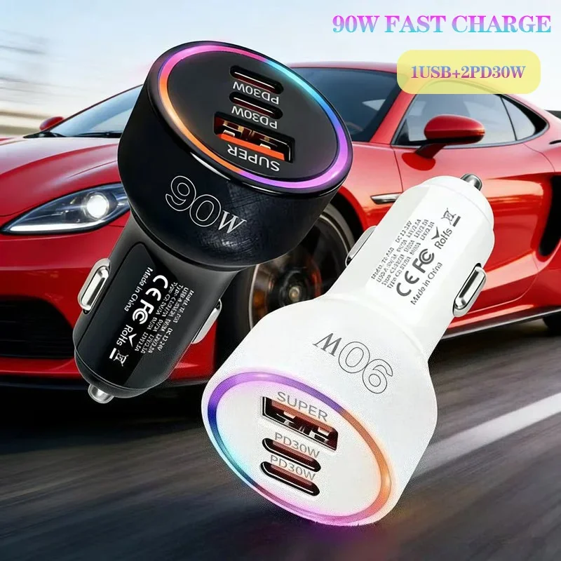 شاحن سيارة فائق السرعة بقدرة 90 وات 3 منافذ QC3.0 + 2xPD30 وات لهواوي/آيفون/سامسونج/شاومي/فيفو محول ولاعة سجائر سريع الشحن