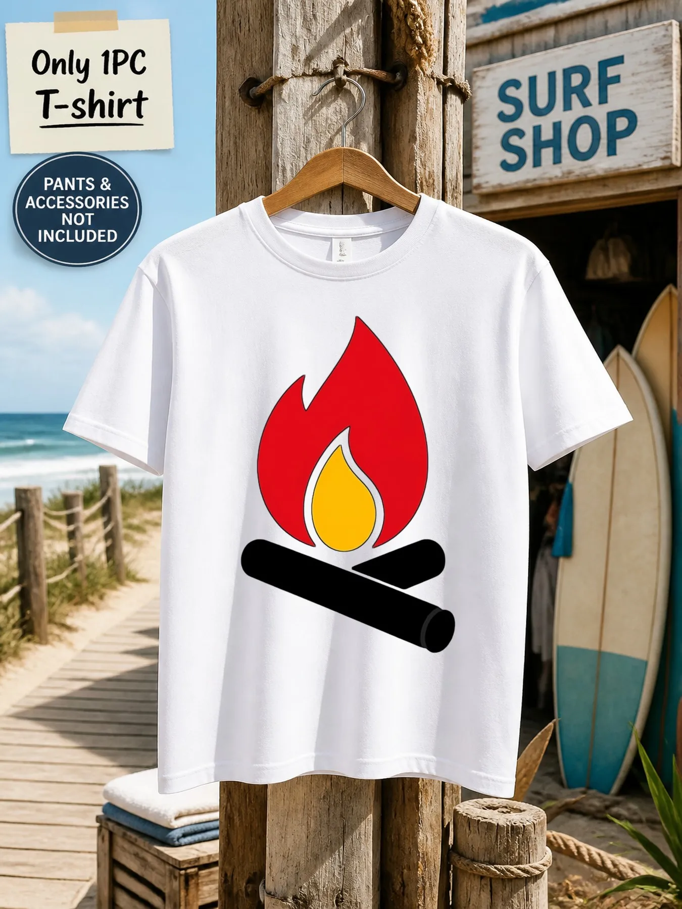 1pc Mens Graphic T Shirt Campfire Pattern Short Sleeve Crew Neck[solely 1pc T-SHIRT]