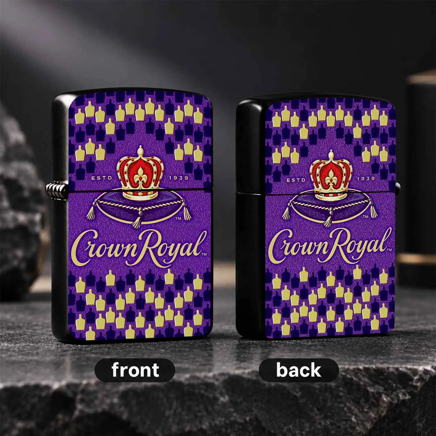 Crown Hidden Whisky Themed Pocket Lighter Classic Purple Gold Decor Portable Ignition Tool For Party Camping Outdoor Daily Gifting Use Exquisite Pattern Design Ideal For Collectors And Holiday Present A Humorous And Interesting Lighter