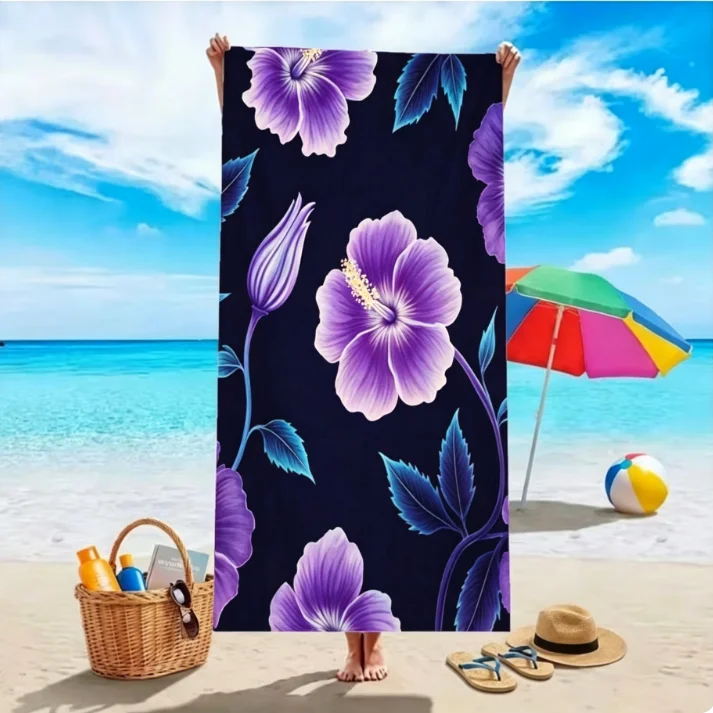 Large Microfiber Beach Towel, Tropical Blue Hibiscus Flower Print, Sand Free & Quick Dry, for Exotic Summer Beach Use