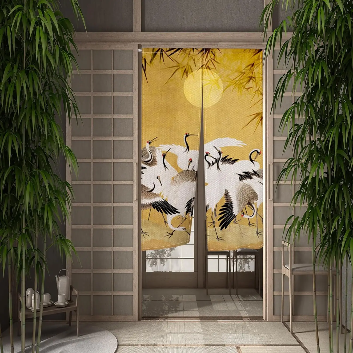 Japanese Doorway Curtain Japanese Style Cranes Full Moon Bamboo Printed Window Treatment Door Tapestry Polyester Panel for