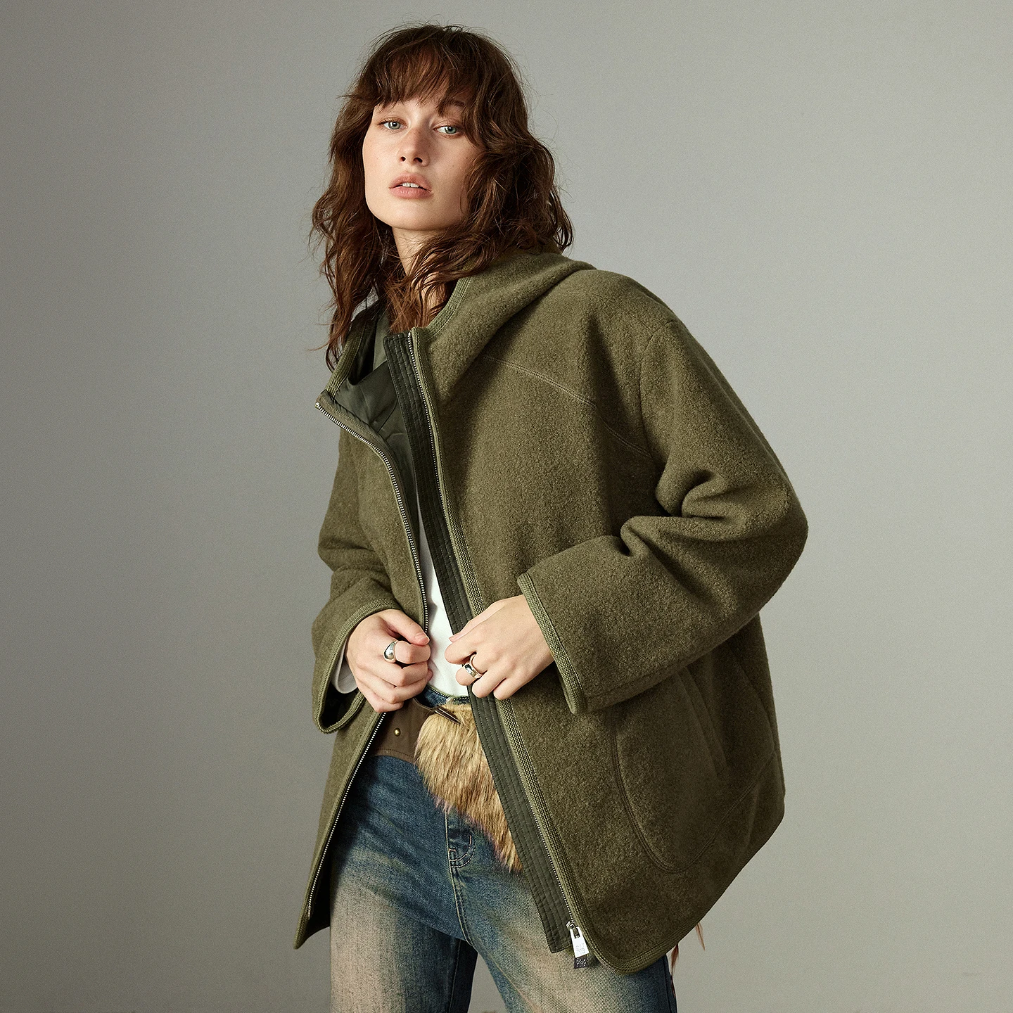 TOYOUTH Women Plush Coats 2025 Winter New Retro Pine Green Warm Hooded Loose Casual Tops