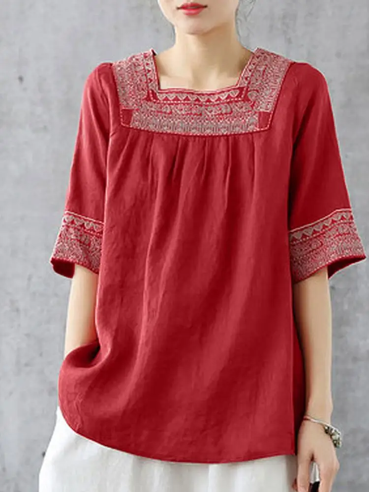 ZANZEA Summer Vintage Embroidery Tops Women Blouse Fashion Holiday Tunic Tops Casual Square Neck Half Sleeve Cotton Blusas Mujer