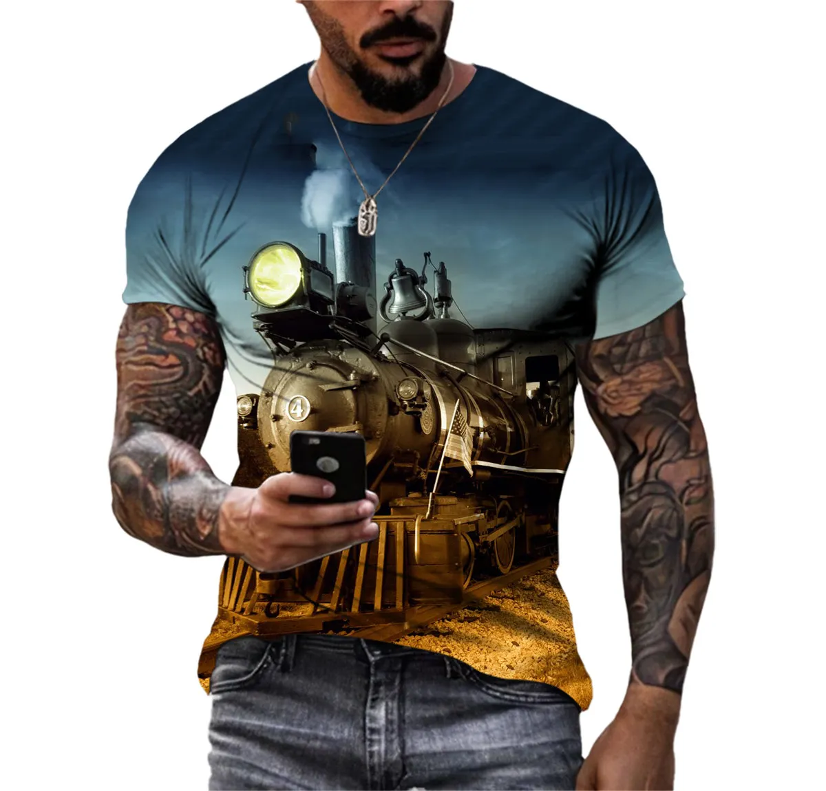 Men\'s HD T-shirt Summer Classic Retro Steam Train Nostalgic Comfortable Short Sleeve Trend Personality Quick Dry Crew-neck Shirt