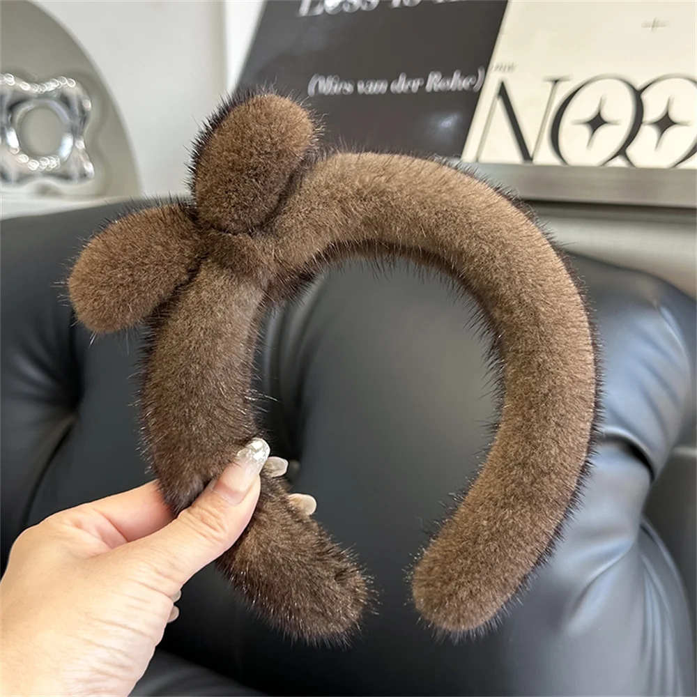 Cute Mink Fur Bow Headband For Women Solid Color Top Knotted Natural Fur Bow Hair Band Bowkont Hair Hoop Hair Girls Accessories