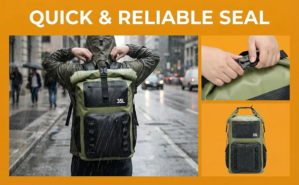 35L Wasserdichter Schwimmrucksack Motorrad-Hecktasche Trockene Gepäcktaschen für Kajak, Wandern, Reisen, Strand, Driften, Surfen, Tauchen – Detail 1