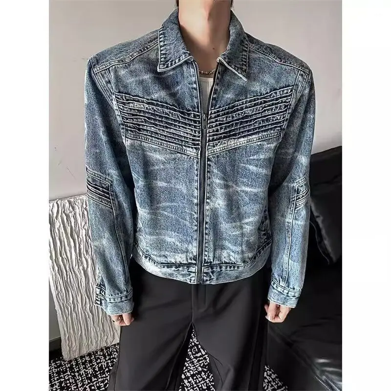Men's Motorcycle Style Retro Blue Denim Jacket Y2k Autumn Cool Boys Street Cardigan Male 90s Zipper Long Sleeved Coat