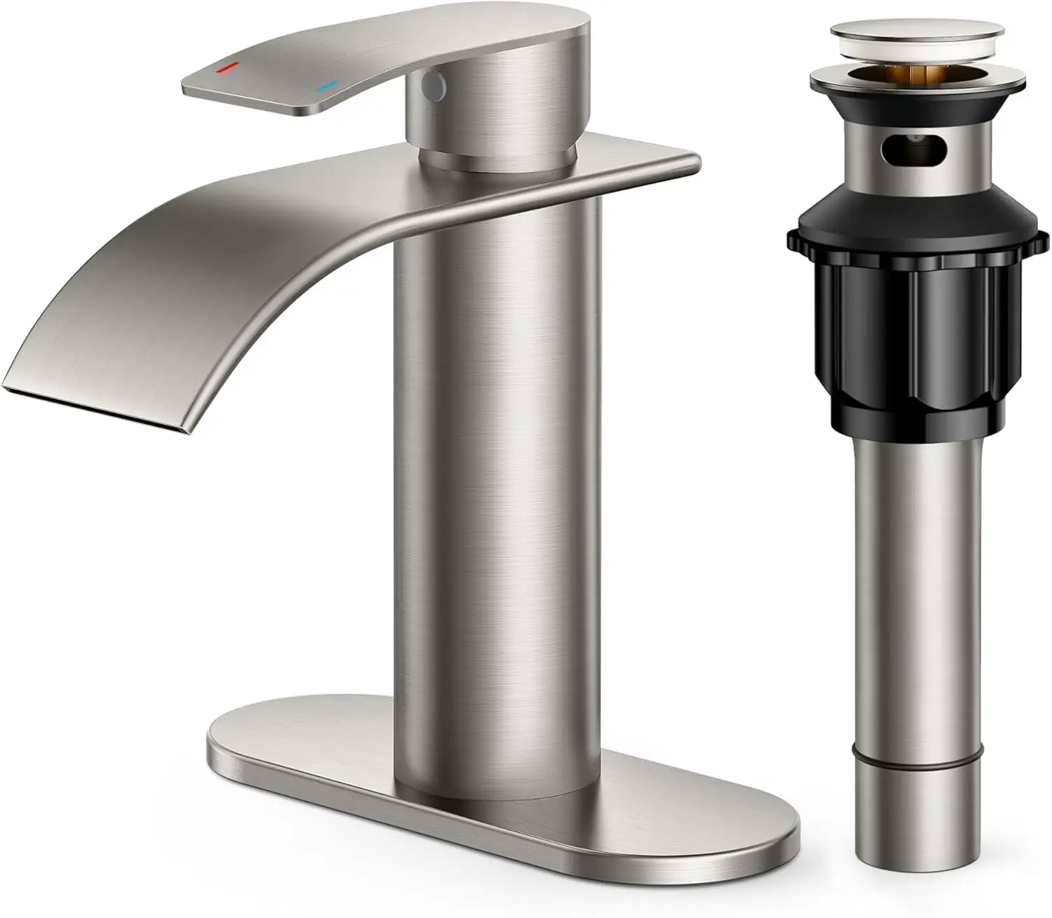 

Waterfall Bathroom Faucet 1 Hole, Brushed Nickel Single Handle Bathroom Sink Faucets for 1 or 3 Hole with Deck Plate, Me