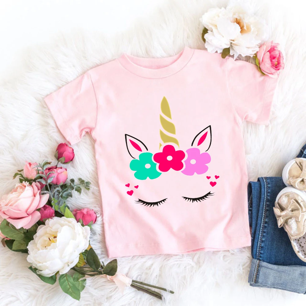 Children Rainbow Horse Cartoon Kids T Shirt Fashion Cute Unicorn Girl T Shirt Harajuku Korean Design Baby Pink T Shirt 3-13Y