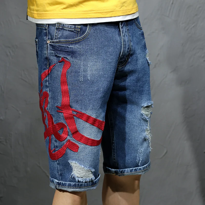 Stitching Embroidery Design Fashion Holes Denim Shorts Men2024New Loose plus Size Summer Cropped Pirate Shorts