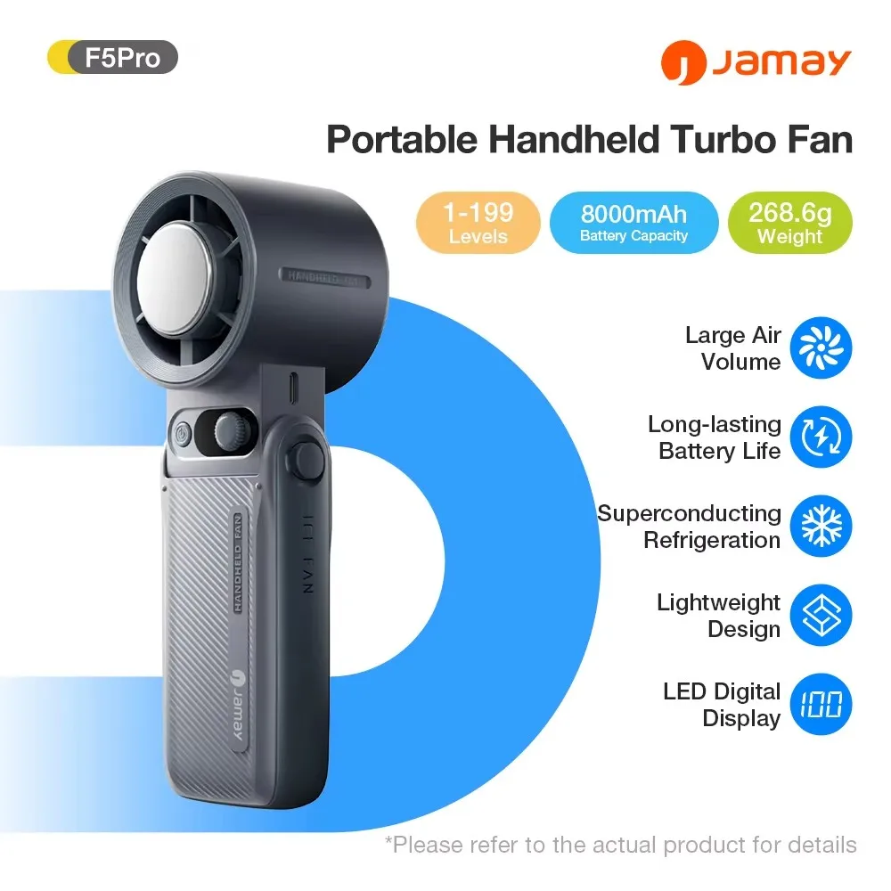 Portable Handheld Fan Strong Wind 199 Gear Wind Speed LED Digital Display Adjustable Turbo Portable Outdoor Handheld 8000mAh