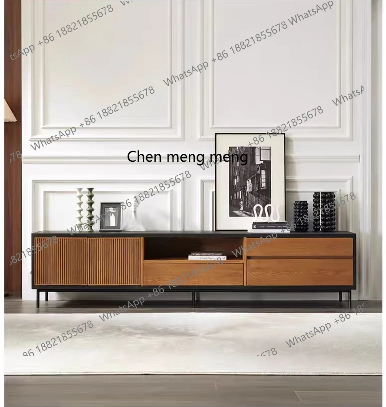 

Retro color matching teak solid wood TV cabinet, black, floor cabinet