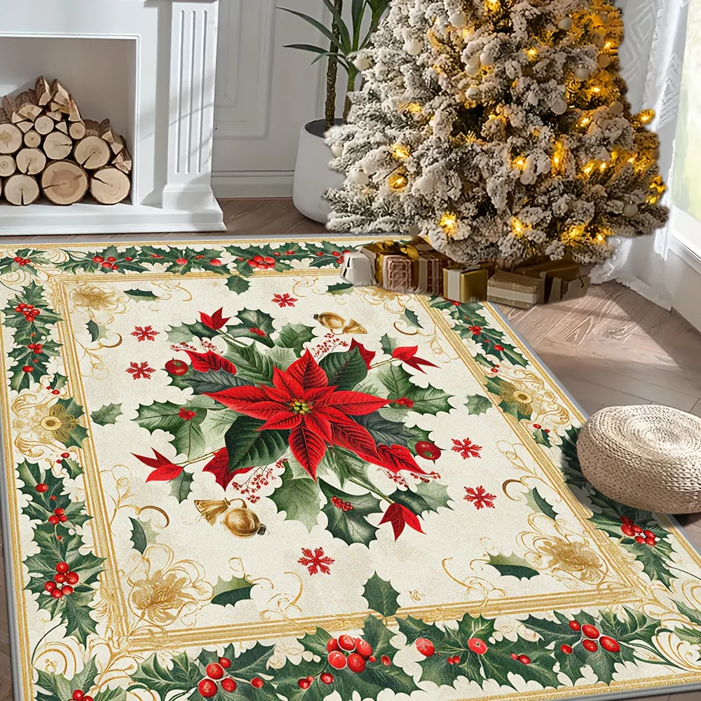 VIKAMA Xmas Living Room Rug Cream Background Poinsettia Holly Berry Gold Scroll Pattern Anti‑Slip Washable Holiday Floor Decor