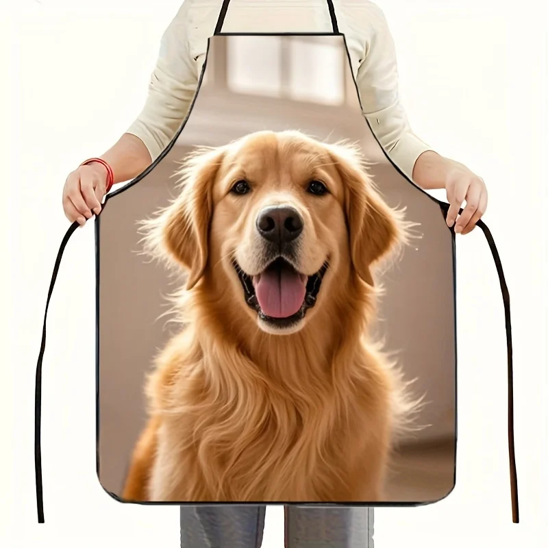1pc Stylish Golden Retriever Dog Print Apron for Men & Women - Polyester Fabric, Black Straps, Perfect for Cooking