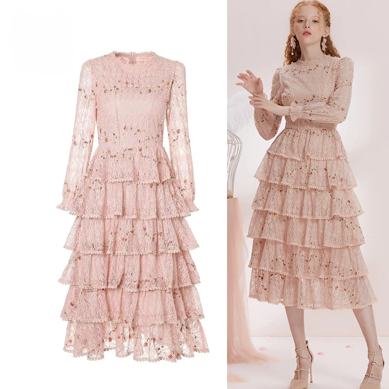 

Designer Fashion Pink Flower Emboridery Lace Patchwork Party Dinner Dresses Women Ruffles Layered Midi Long Dress Elbise