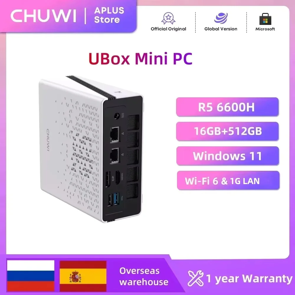 CHUWI UBox Mini-PC AMD R5-6600H 6 Kerne 12 Threads DDR5 16 GB 512 GB PCle 3.0 SSD Wi-Fi 6 & 1 G LAN 4,5 GHz Frequenz Desktop-Computer