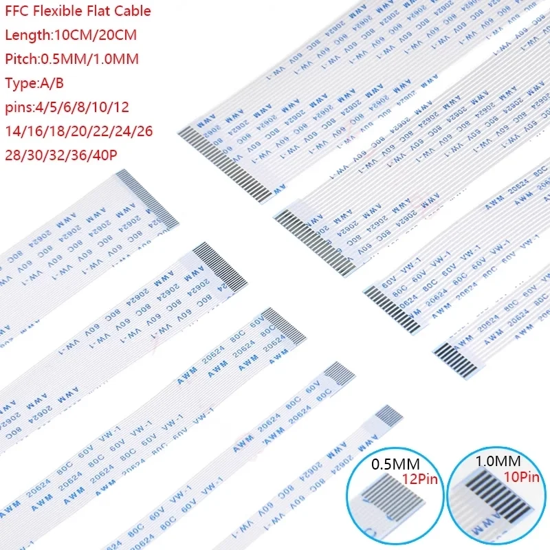 10Pcs FPC/FFC Ribbon Flexible Flat Cable 0.5MM Pitch 4 5 6 8 10 12 14 16 18 20 22 24 26 30 32 34 36 38 40 45 50 54 60 Pin