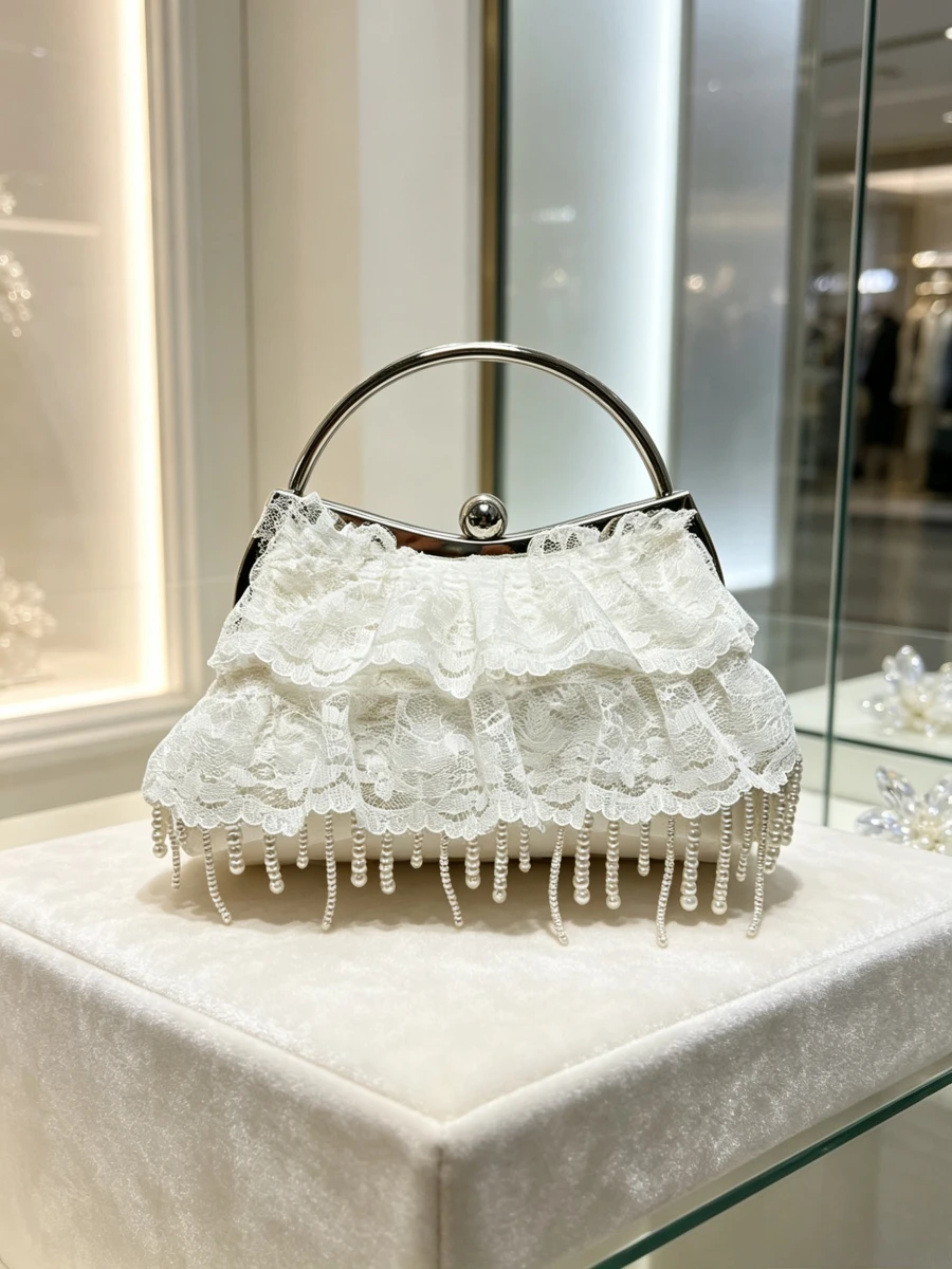 White Lace Ruffle Pearl Tassel Clutch Bag Silver Crystal Round Ring Handle Mini Evening Handbag Luxury Wedding Purse For Middle