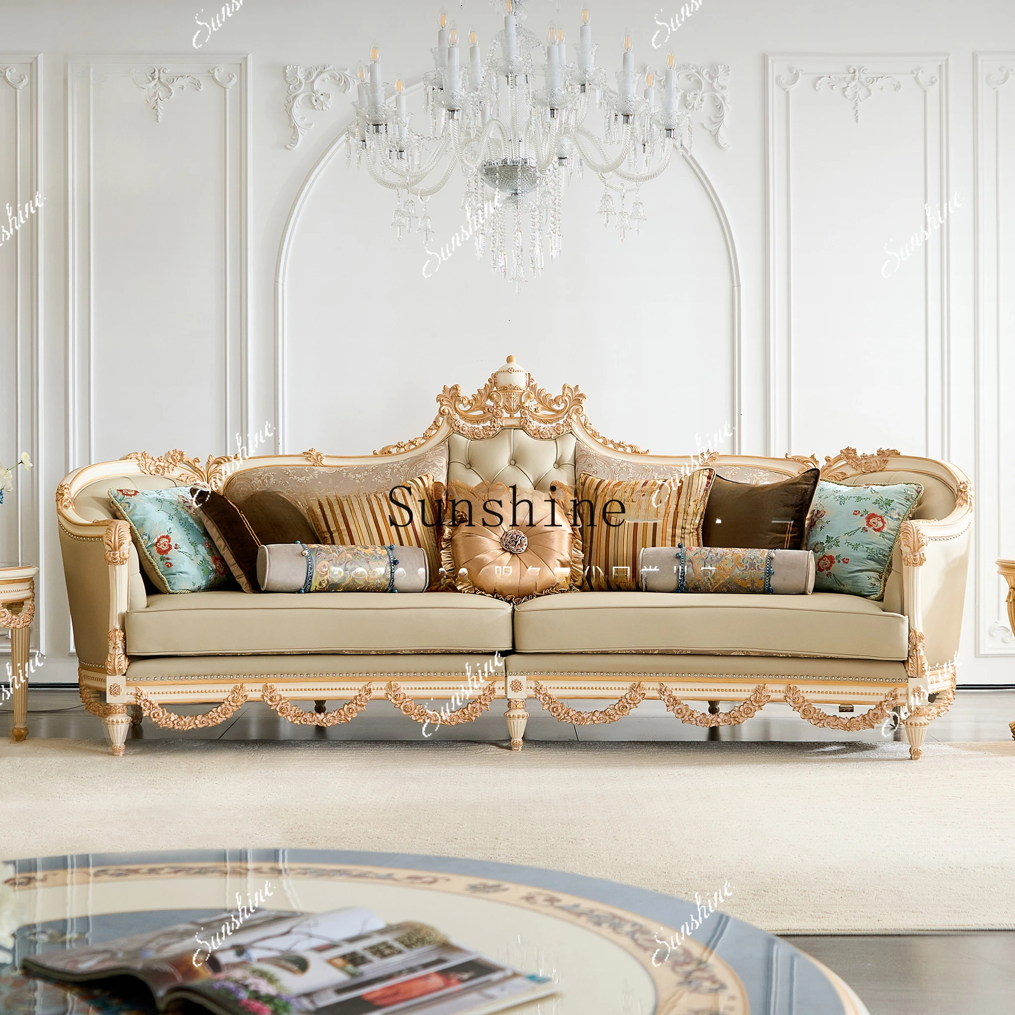 

High-end custom furniture villa large flat French all-solid wood leather sofa EF9 FT