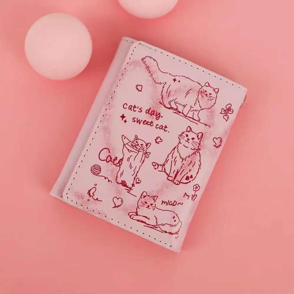 Cute Graffiti Cat Short Wallets PU Leather With Wrist Straps Money Bag Cat Pendant Anti Thief Card Holders Girl