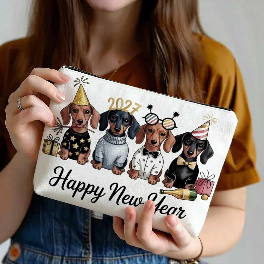 2027 Happy New Year Dachshund Cosmetic Bag Party Hat Gift Champagne Puppy Print Zipper Pouch Women Travel Makeup Storage Purse