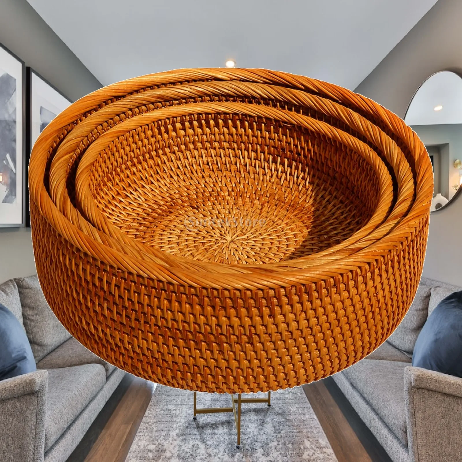Versatile Handwoven Rattan Basket and Tray Combo for Dining Room Breakfast Appetizer Serving