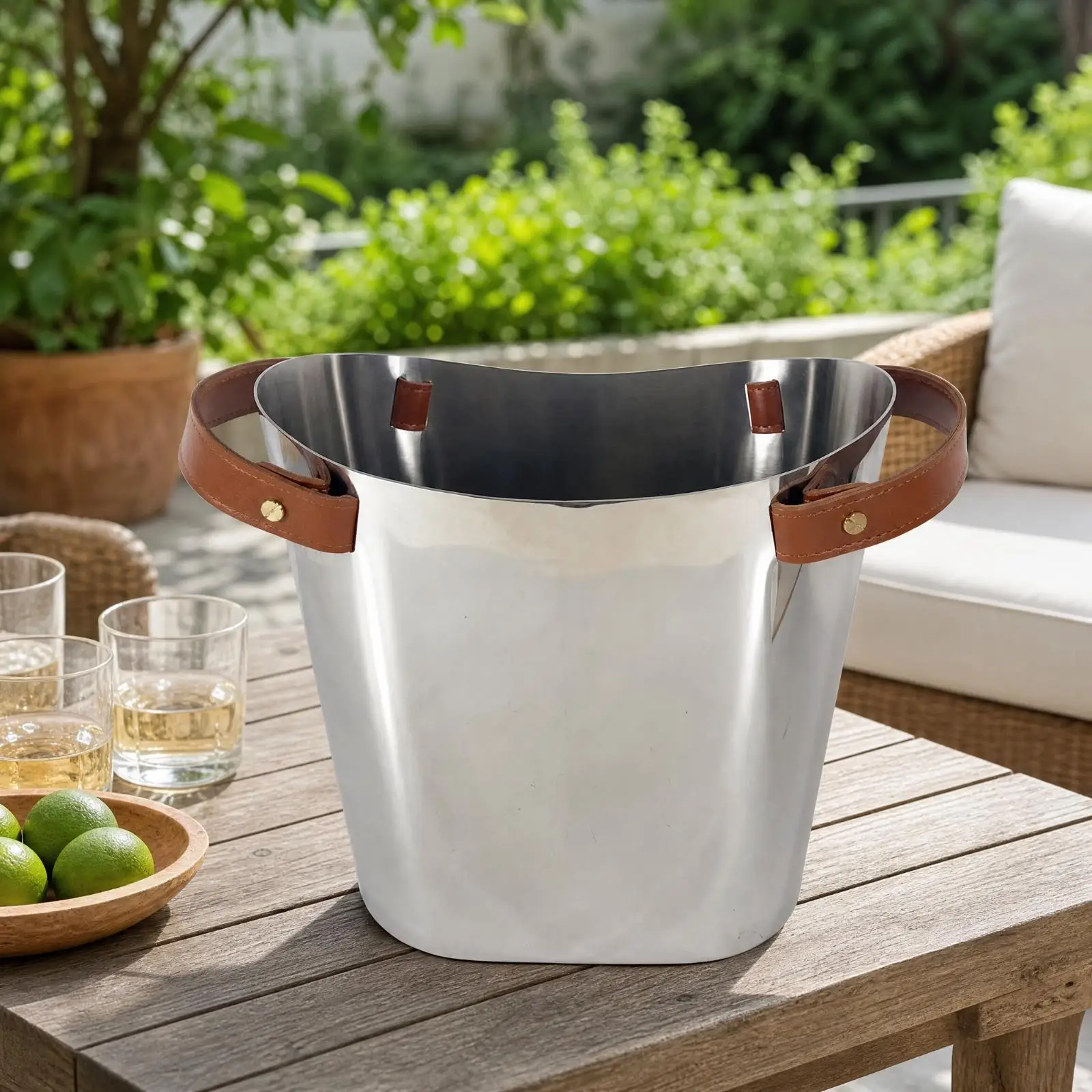 Home Bar Serving Piece Giftable Stainless Steel Barware with Leather Detailing Leather-Trimmed Tabletop Bar Piece Premium