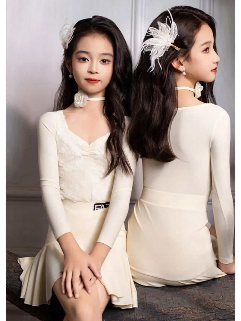 

Детский фиолетовый блестящий бархатный костюм для танцев: боди с длинным рукавом и юбка для девочек, для латиноамериканских танцев и тренировок