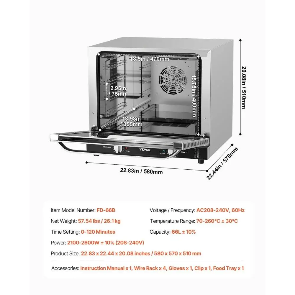 66L Electric Toaster Oven 2800W Stainless Steel Commercial Countertop Baking Machine for Restaurant and Home Use