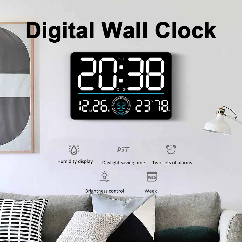 

Large LED Digital Wall Clock Positive Timing Countdown Adjustable Brightness Alarm Clock with Time Date Temp Humidity 12/24-hour