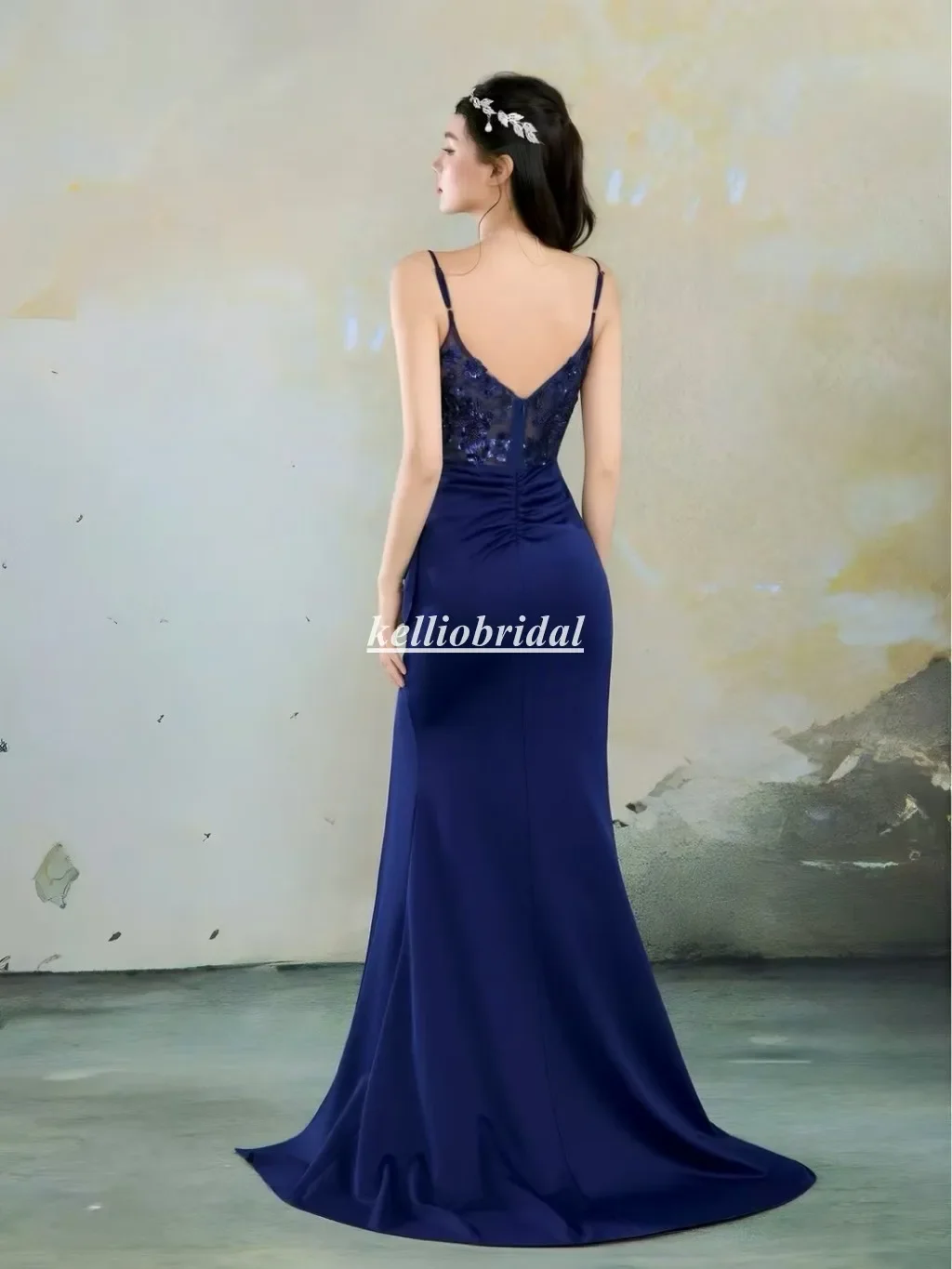 Robe de soirée bleu marine personnalisée, bretelles Spaghetti, dentelle appliquée, sirène, mode dame, robe de célébrité, MXY202510