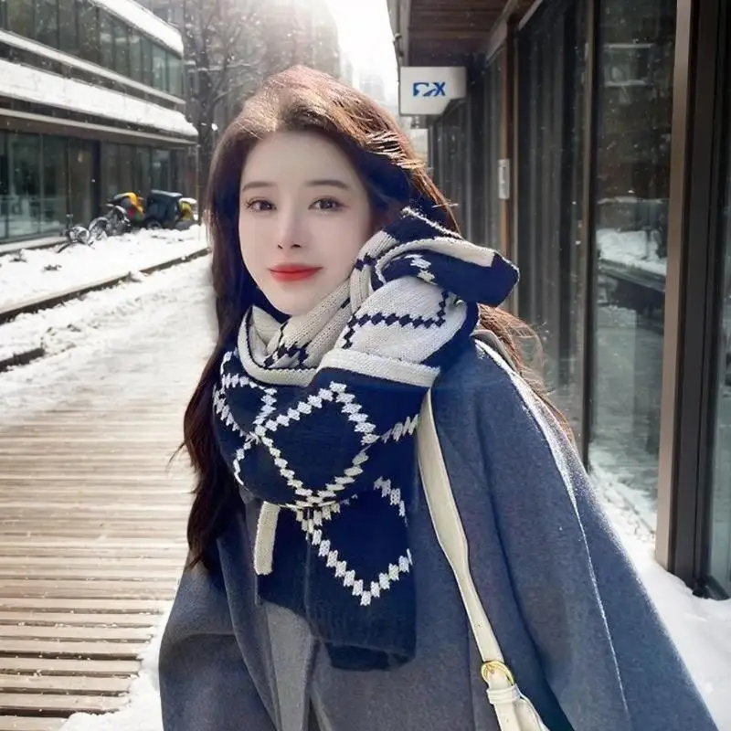 

Women's Red Winter Scarf - Korean Style Plaid Knit Wool Neck Warmer Fashion Student Casual Warm Soft Wrap For Cold Weather